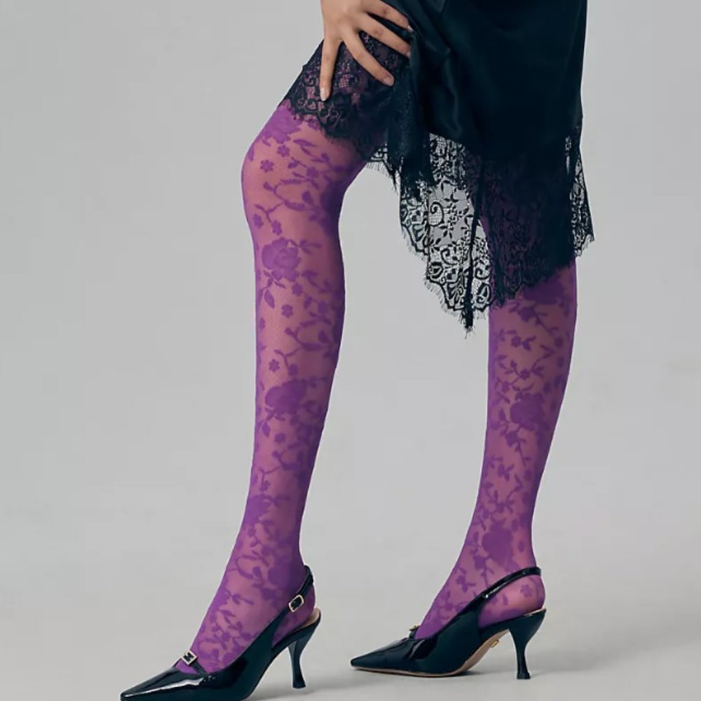 ANTHROPOLOGIE Tulle Rossette Lace Floral Tights Purple Violet XS M L NEW